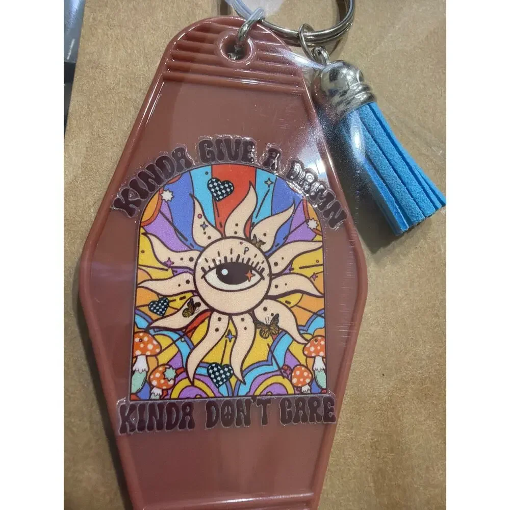 Kinda Give A Damn Brown & Blue Vintage Hotel Motel Keychain Key Chain Handmade